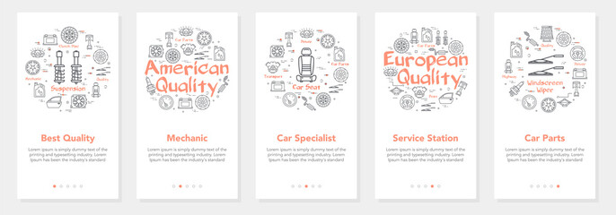 Red car parts white banners set for website and mobile app vector