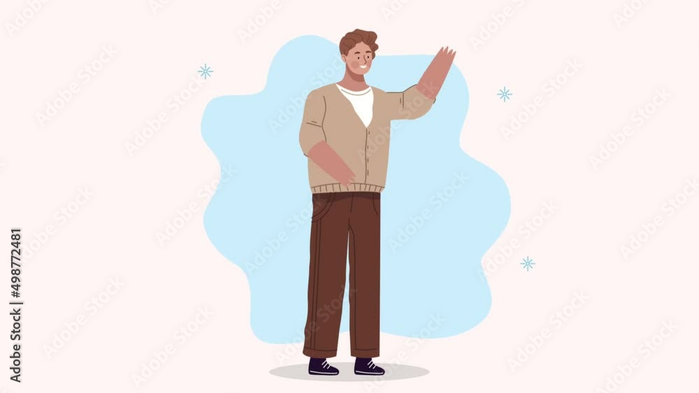 Poster young man waving standing character