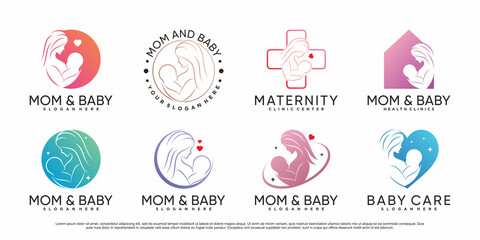 Mom and baby icon set logo design template with creative element Premium Vector