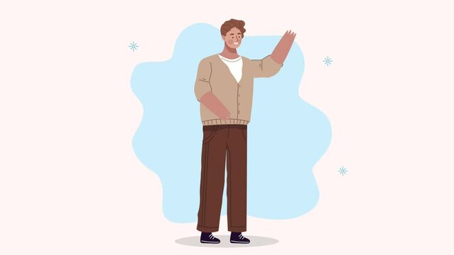 young man waving standing character
