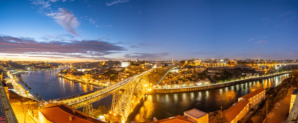 Panorama of Porto with the river Douro at dusk