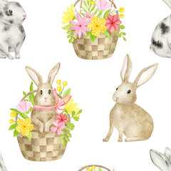 Watercolor spring seamless pattern with hand drawn rabbit and floral basket. Cute brown and gray Easter bunny background with flowers isolated on white. Baby animals repeated design