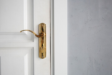 Closed door with golden doorknob close up