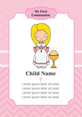 Card my first communion. Girl praying next to a chalice. Isolated vector	
