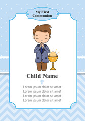 Card my first communion. Boy praying next to a chalice. Isolated vector	
