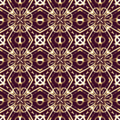 Seamless ornamental royal surface pattern in golden color with maroon background. Use for fashion design, clothing, fabrics, home decoration, bedding, wallpapers, invitations and greeting cards