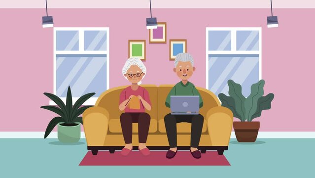 old couple in sofa characters animation