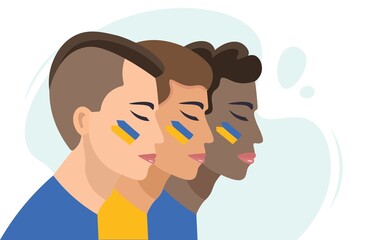 Young men in profile close-up. Freedom-loving guys on a light background. Vector male characters of different nationalities. For peace and freedom. Cartoon isolated illustration in flat design.