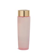 Pink cosmetic bottle with golden lid, without label isolated on white background