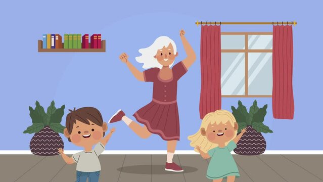 grandmother dancing with kids scene