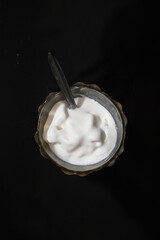 ice cream in glass bowl overhead shot