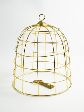 Big golden birdcage and key on white background, concept, stock photo