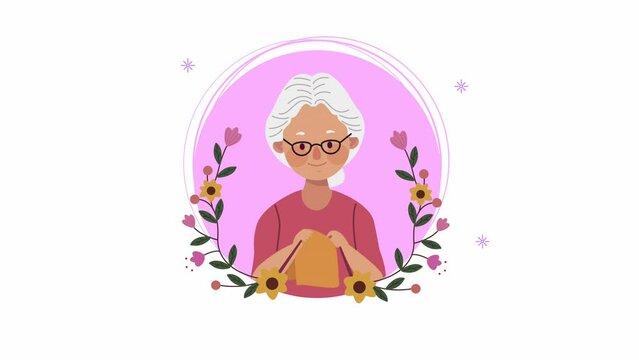 grandmother sewing with flowers character animation