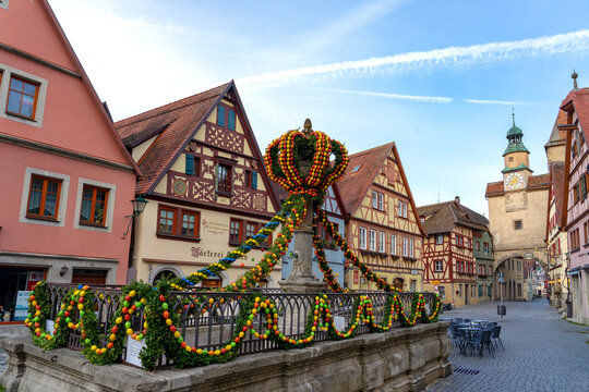 Rothenburg ob der Tauber, Germany - 04.10.2022 : Easter holiday decoration in the beautiful german middle age village