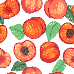 Seamless pattern of peaches in modern style. Vector illustration of fresh tasty fruits with leaves. Bright contemporary ornament. Design for decor, wallpaper, background, textile.