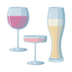 Set of alcoholic drinks in glasses in a flat style. Menu design elements. Wine, Champagne and beer.