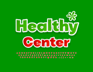 Vector creative logo Healthy Center. Red sticker Font. Bright set of Alphabet Letters, Numbers and Symbols