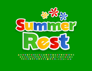 Naklejka premium Vector colorful emblem Summer Rest with decorative Flowers. Bright sticker Font. Creative Alphabet Letters, Numbers and Symbols set