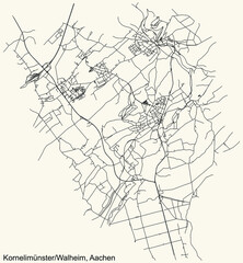 Detailed navigation black lines urban street roads map of the KORNELIMÜNSTER/WALHEIM DISTRICT of the German regional capital city of Aachen, Germany on vintage beige background