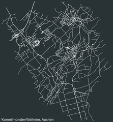 Detailed negative navigation white lines urban street roads map of the KORNELIMÜNSTER/WALHEIM DISTRICT of the German regional capital city of Aachen, Germany on dark gray background