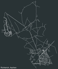 Detailed negative navigation white lines urban street roads map of the RICHTERICH DISTRICT of the German regional capital city of Aachen, Germany on dark gray background