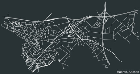 Detailed negative navigation white lines urban street roads map of the HAAREN DISTRICT of the German regional capital city of Aachen, Germany on dark gray background