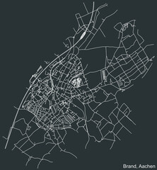 Detailed negative navigation white lines urban street roads map of the BRAND DISTRICT of the German regional capital city of Aachen, Germany on dark gray background