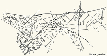 Detailed navigation black lines urban street roads map of the HAAREN DISTRICT of the German regional capital city of Aachen, Germany on vintage beige background