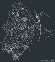 Detailed negative navigation white lines urban street roads map of the EILENDORF DISTRICT of the German regional capital city of Aachen, Germany on dark gray background