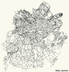 Detailed navigation black lines urban street roads map of the AACHEN-MITTE DISTRICT of the German regional capital city of Aachen, Germany on vintage beige background