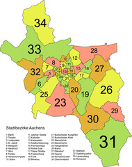 Pastel flat vector administrative map of AACHEN, GERMANY with name tags and black border lines of its districts