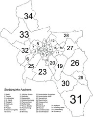 White flat vector administrative map of AACHEN, GERMANY with name tags and black border lines of its districts