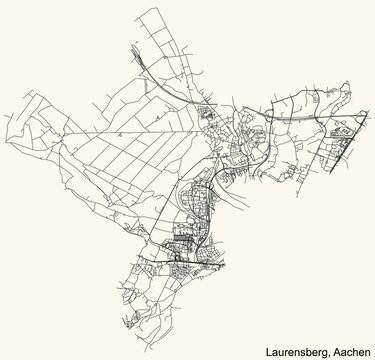 Detailed navigation black lines urban street roads map of the LAURENSBERG DISTRICT of the German regional capital city of Aachen, Germany on vintage beige background