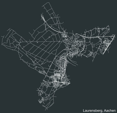 Detailed negative navigation white lines urban street roads map of the LAURENSBERG DISTRICT of the German regional capital city of Aachen, Germany on dark gray background
