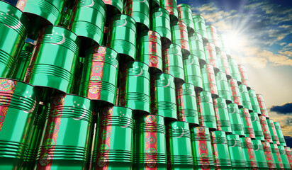 Obraz premium Oil barrels with flag of Turkmenistan - 3D illustration