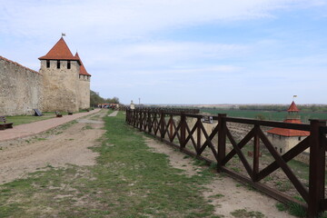 Ancient fortress of the port city, stone walls, isolated knight elements