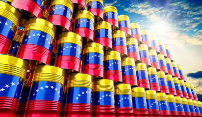 Oil barrels with flag of Venezuela - 3D illustration