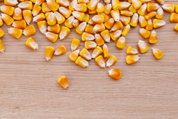 Heap of raw corns seeds, maize or sweetcorn kernels top view on wooden background.