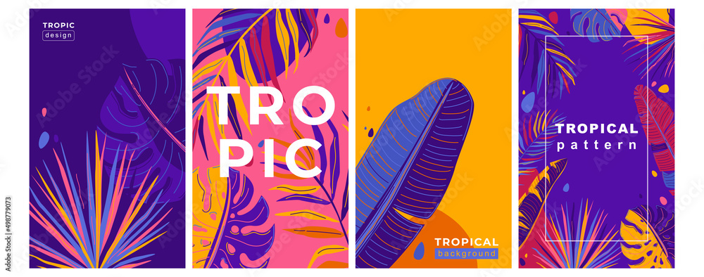 Poster tropic summer pattern vector set with jungle exotic leaves in simple minimal flat style. abstract tr
