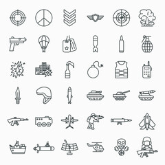 War Line Icons Set. Vector Thin Outline Weapon Symbols.