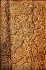 KOLKATA, WEST BENGAL , INDIA - NOVEMBER 23RD 2014 : Wood made Goddess Durga, handicrafts on display during the Handicraft Fair in Kolkata - the biggest handicrafts fair in Asia.