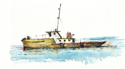Little ship (boat). Watercolor hand drawn illustration. Sketch style