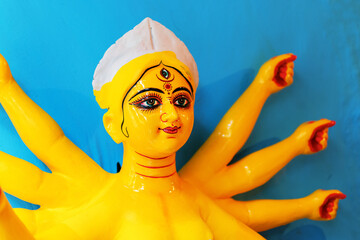 KOLKATA, WEST BENGAL, INDIA - 25 SEPTEMBER 2016: Clay idol of Goddess Durga, under preparation for...