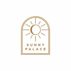 sun logo with arch window, boho style sunset sunrise with beach ocean sea water logo icon vector in trendy line linear, abstract outline logo vector for hotel or spa