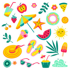 Obraz premium Set of cute summer icons, beach party items collection.