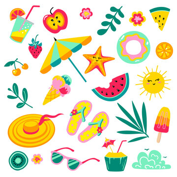 Set of cute summer icons, beach party items collection.