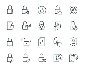 Lock Icons Set. Such as, Passwords, Keys, Lock Management, Setting, Open and Close the Lock and others. Editable Vector Stroke