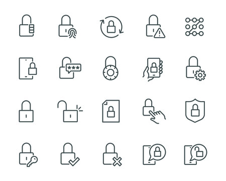 Lock Icons Set. Such as, Passwords, Keys, Lock Management, Setting, Open and Close the Lock and others. Editable Vector Stroke