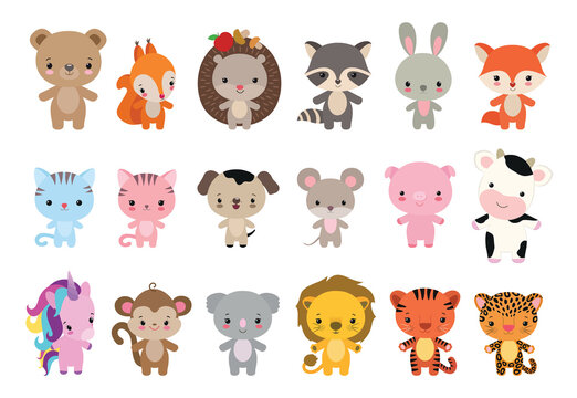 Kawaii animals vector icons. Cute illustration for children. Kids design adorable animals. Cute raccoon. Kawaii fox. Sweet cow. Funny animal set baby style.