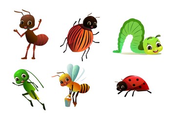 Set of insects persons. Wildlife object. Ant, ladybug and caterpillar. Colorado potato beetle, bee and grasshopper. Little funny Cute cartoon style. Isolated on white background. Vector